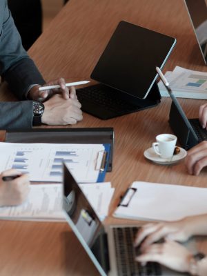 Business people meeting conference discussion corporate concept with collegue in video chart, discussing financial report of their company.